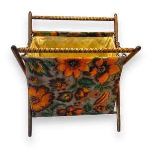 Vintage Knitting Basket MCM Wood Framed Floral Sewing Supply Caddy Folding 70s